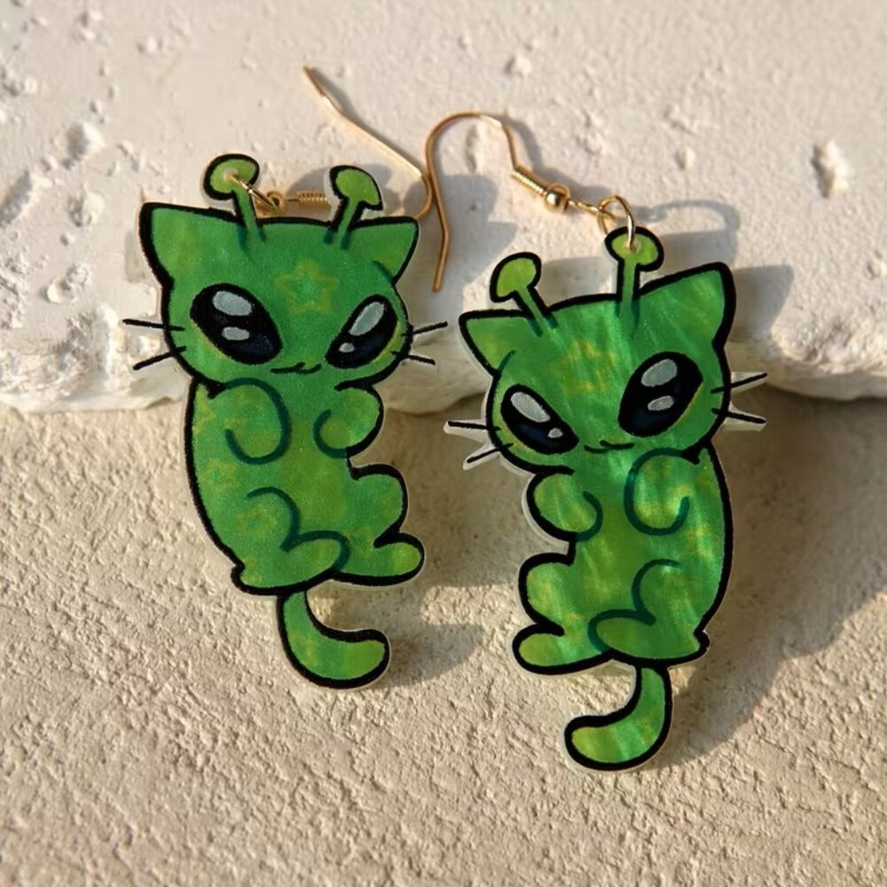 Handmade Acrylic Alien Cat Dangle Earrings Z2